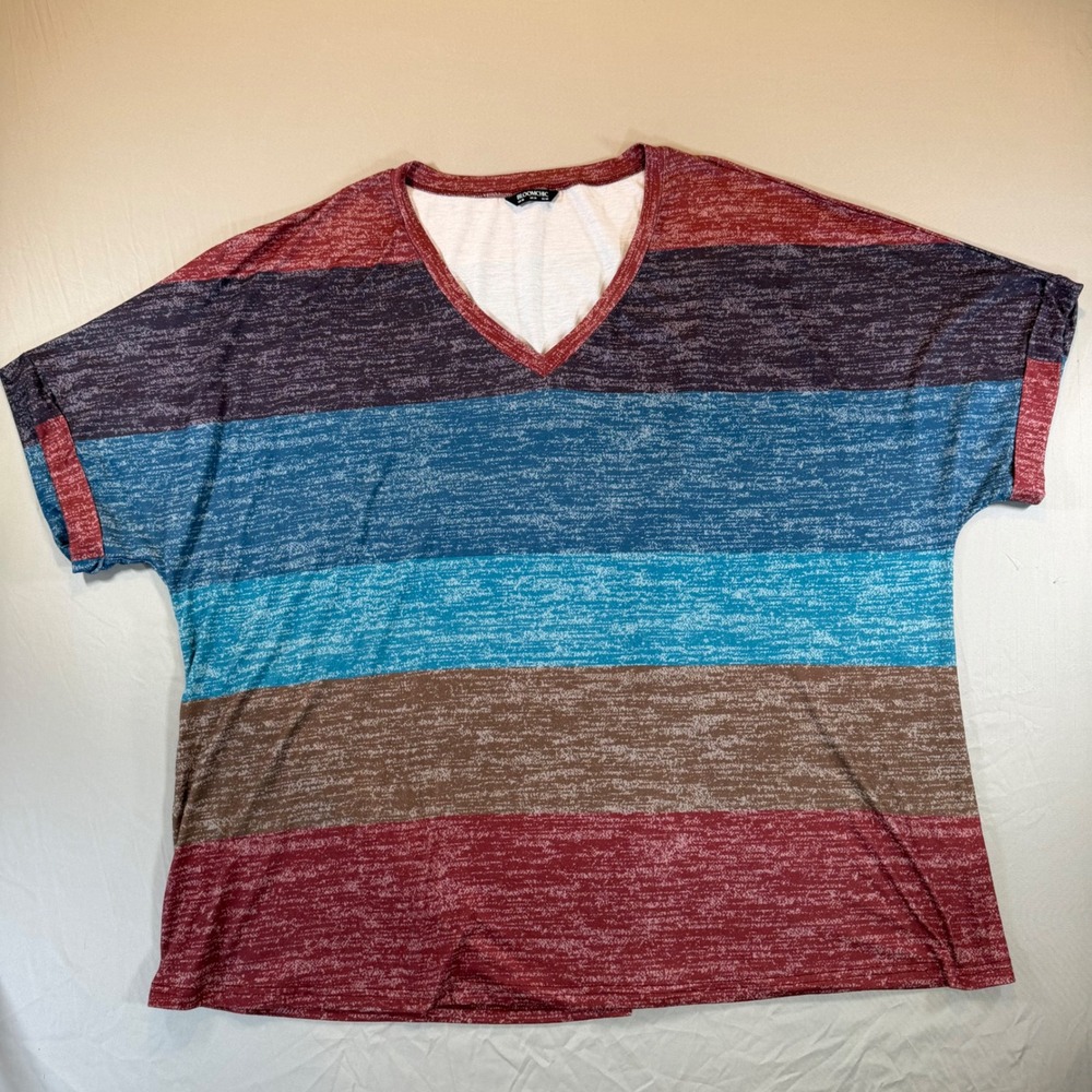 BloomChic Womens Plus Size 28 V-Neck Striped Short Sleeve T-Shirt Space Dye Top